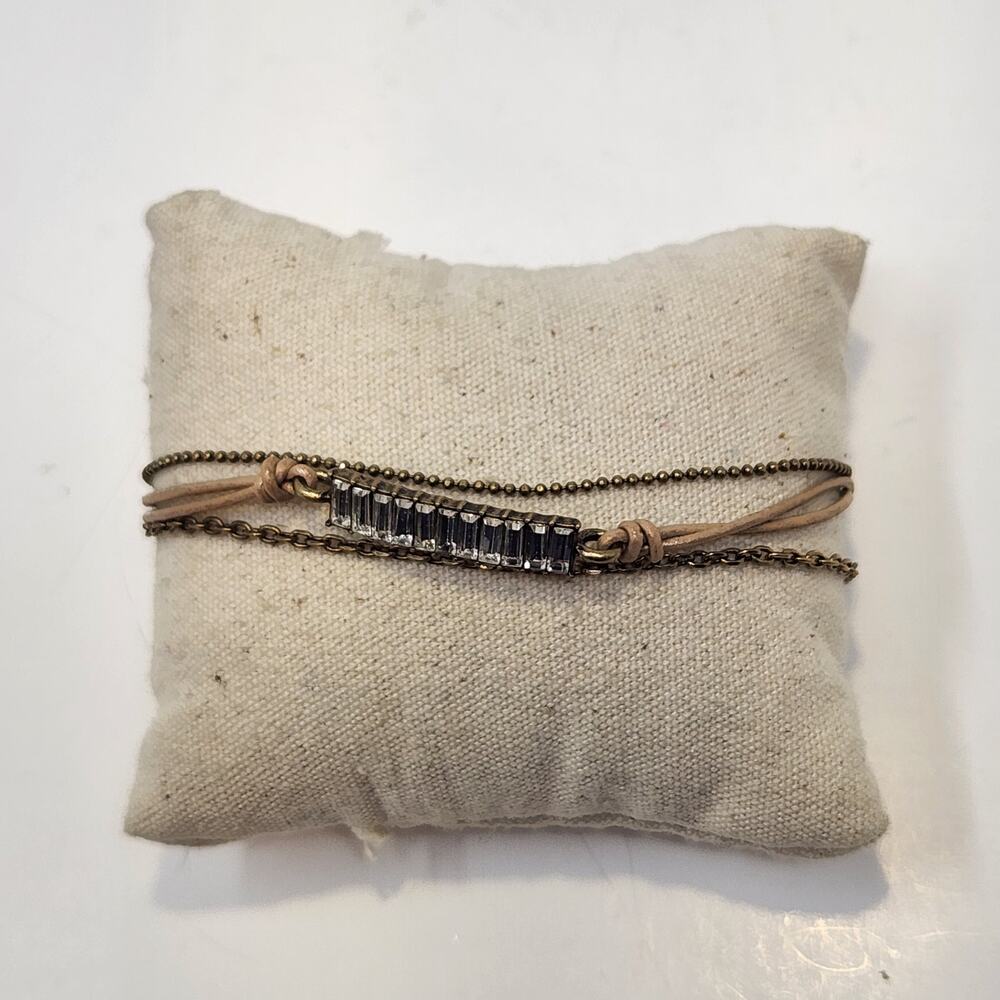 Chloe Isabel Leather Brass Tone Chain Layered Bracelet Baguette Rhinestones Boho